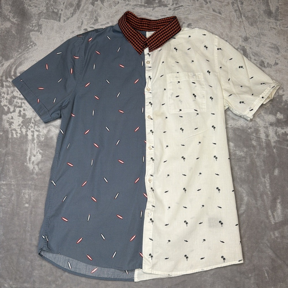 Men's Cotton Button Up Shirt Blue White Surfboard Palm Tree Print See Measuremen